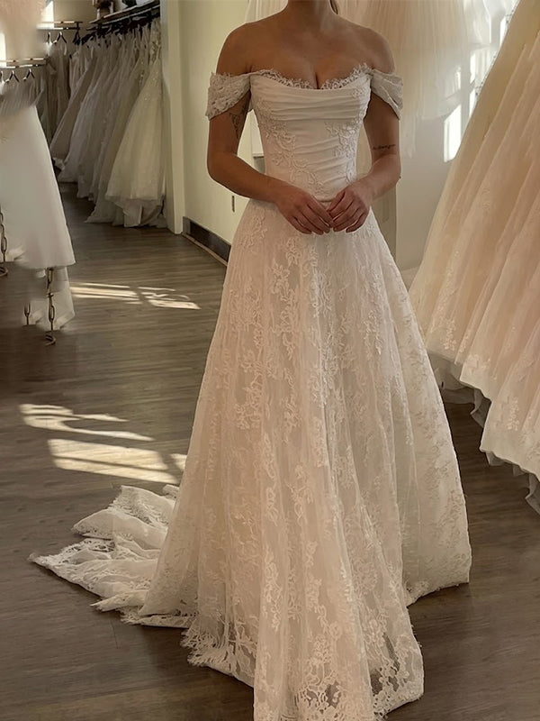 Elegant Floral Lace Off the Shoulder A-line Wedding Dress, WD3227