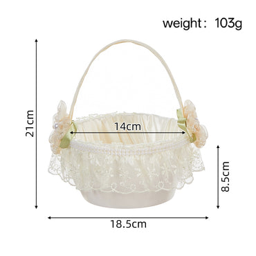 Ivory Lace Flower Girl Basket with Pearl-Accented Floral & Sage Green Ribbon Details