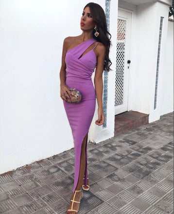Elegant Purple One Shoulder Mide Evening Gown, PD2823102