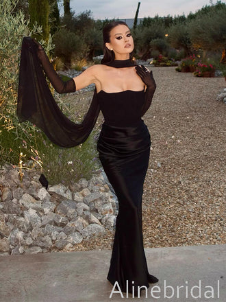 Elegant Black Strapless Mermiad Prom Dress with Long Sleeve, Evening Dress, PD382291