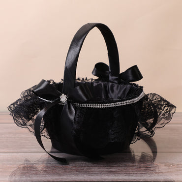 Gothic Black Lace Rhinestone Flower Girl Basket with Satin Bows
