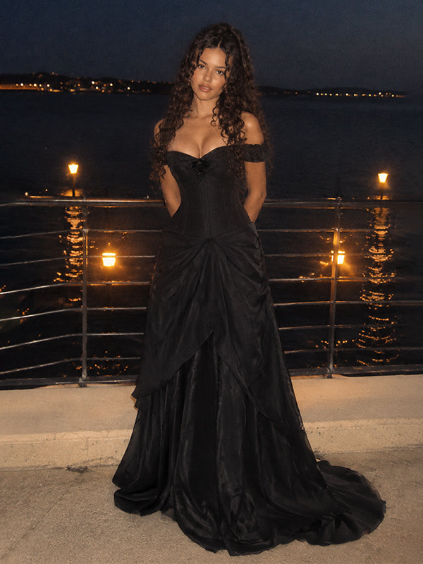 Victorian Black Off Shoulder A-line Evening Gown, Prom Dress, PD28231267