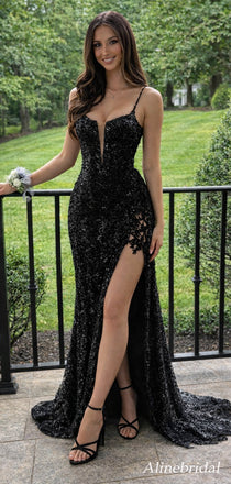 Sparkly Black Sequins Mermaid Prom Dress with Slit, Evening Dress, PD3823042