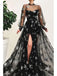 Stunning Black A-line Tulle Star Sequins Long Prom Dress with Slit, Evening Dress, PD3822980