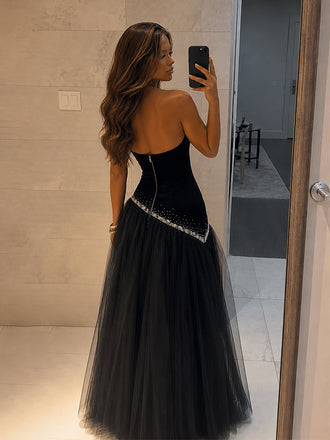 Elegant Black Beaded Strapless A-line Prom Dress, Evening Dress, PD28231240