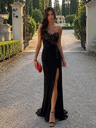 Sexy Black One Shoulder Lace Mermaid Evening Dress, PD0148