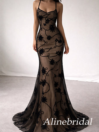 Sexy Black Floral Lace Illusion V-Back Mermaid Prom Dress, Evening Dress, PD3823033
