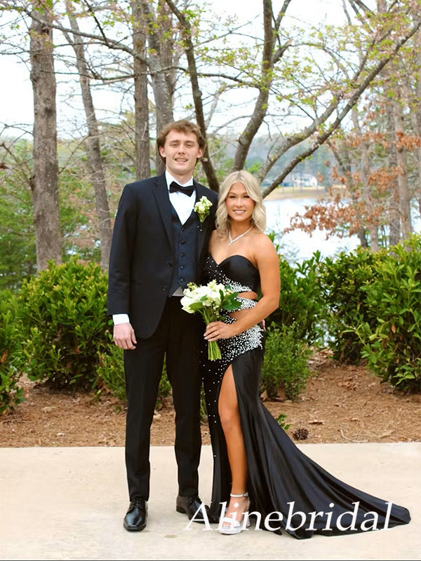 Sparkly Black Beaded Strapless Cutout Mermaid Prom Dress, Evening Dress, PD3823025