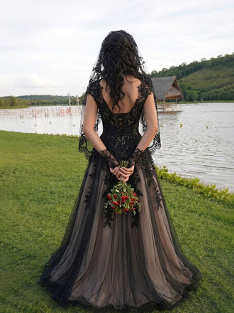 Gothic Black V-neck A-line Tulle Wedding Dress with Lace Appliques, WD3230