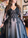 Gorgeous Black Long Sleeves A-line Lace Wedding Dress with Slit, WD3230