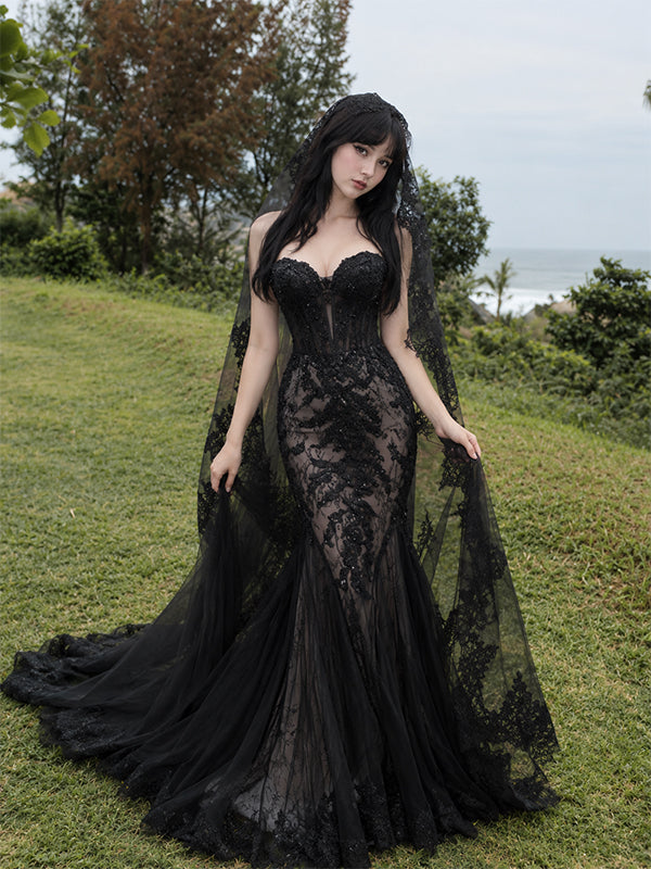 Elegant Black Lace Strapless Mermaid Wedding Dress, WD32249