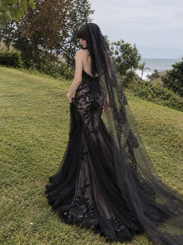 Elegant Black Lace Strapless Mermaid Wedding Dress, WD32249