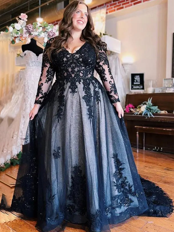 Gorgeous Black Long Sleeves A-line Lace Wedding Dress with Slit, WD3230