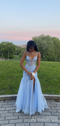 Elegant Blue V-neck Lace Applique Long Prom Dress with Tulle Skirt, Evening Dress, PD3822983