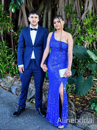 Sparkly Blue Sequins One Shoulder Prom Dress with Slit, Evening Dress, PD3822967