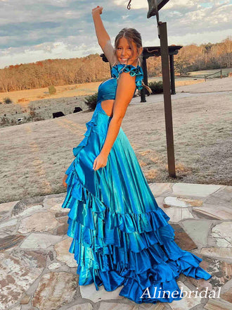Sexy Blue V-neck Ruffles A-line Long Prom Dress, Evening Dress, PD3649