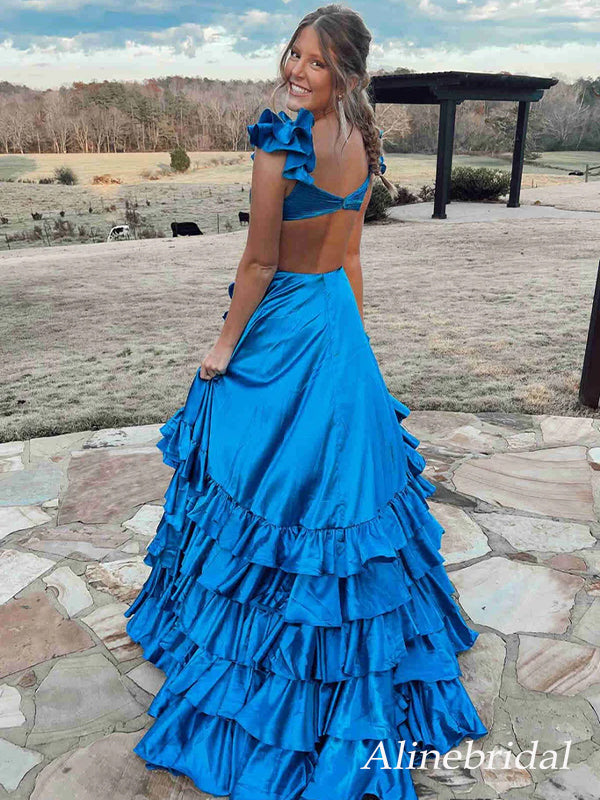 Sexy Blue V-neck Ruffles A-line Long Prom Dress, Evening Dress, PD3649