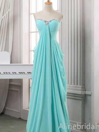Elegant Aqua Blue Chifffon Strapless Empire Waist Prom Dress, Flowing Beaded Ruched Evening Dress, PD3823000