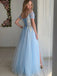 Elegant Blue Tulle Off the Shoulder  A-line Long Prom Dress with Slit, PD37904