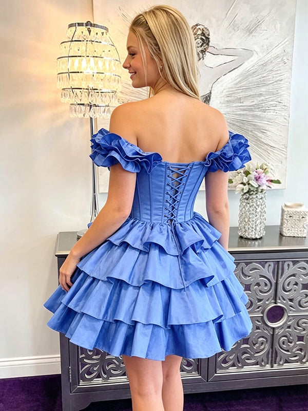 Elegant Blue Off Shoulder A-line Ruffled Tiered Homecoming Dress, HD32677