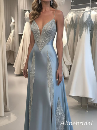 Elegant Blue Rhinestone V-neck A-line Tulle Evening Dress, Prom Dress, PD2823059