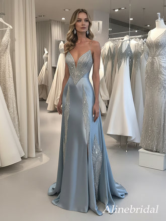 Elegant Blue Rhinestone V-neck A-line Tulle Evening Dress, Prom Dress, PD2823059