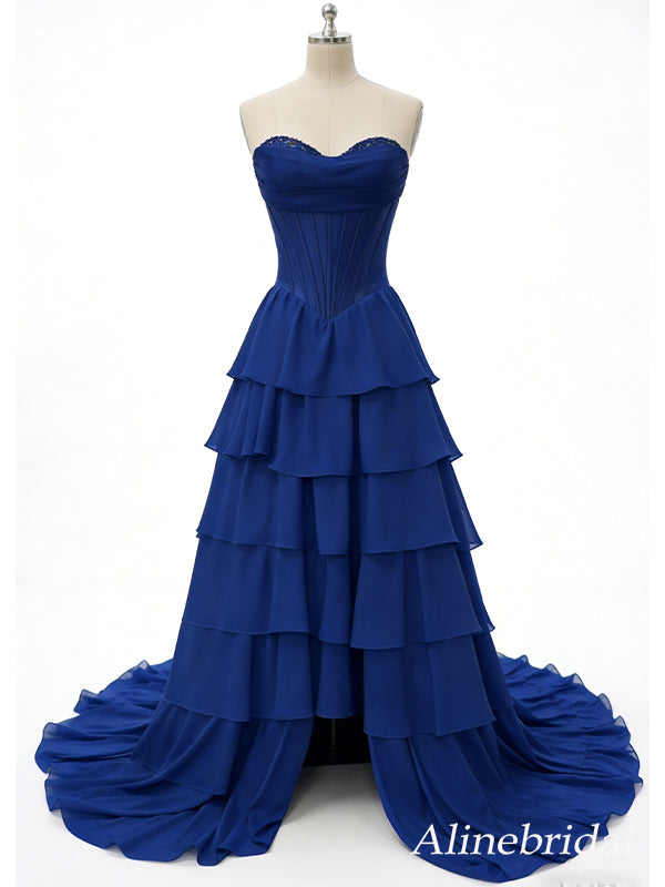 Gorgeous Navy Blue V-neck Strapless Corset A-line Ruffled Tiered Prom Dress with Slit, PD382010