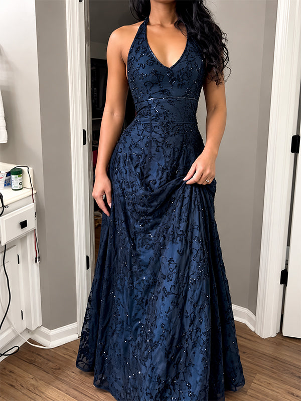 Vintage Navy Blue Lace Beaded Halter A-line Prom Dress, Evening Gown, PD2823105