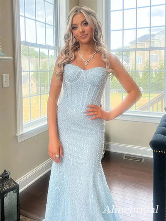 Stunning Soft Blue Beaded Mermaid Long Prom Dress, Evening Dress, PD3823043