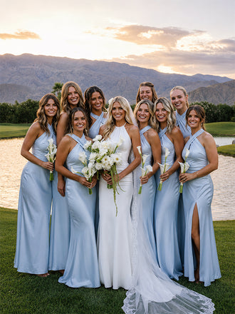 Elegant Light Blue Halter Long Bridesmaid Dress, Maids of Honor Dress, PD2823082