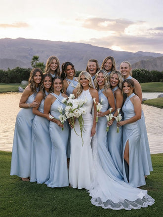 Elegant Light Blue Halter Long Bridesmaid Dress, Maids of Honor Dress, PD2823082