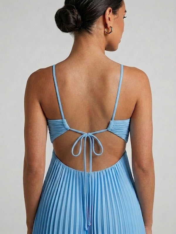 Unique Blue Pleated Halter A-line Prom Dress, Evening Dress, PD381986