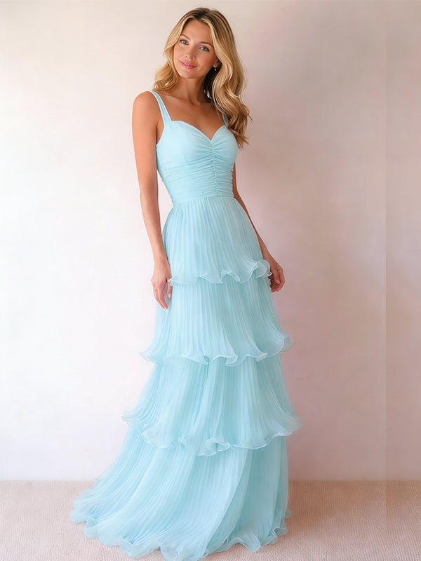 Elegant Light Blue Chiffon Tiered A-line Prom Dress, Evening Dress, PD2823064