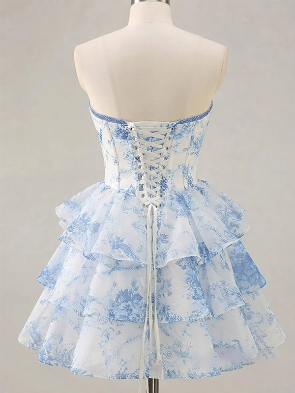 Elegant Pink Floral Ruffles A-line Corset Homecoming Dress, Prom Dress, PD382251