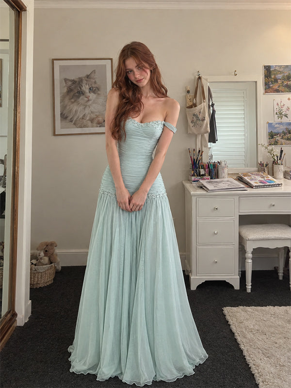 Elegant Blue Chiffon Off the Shoulder A-line Long Prom Dress, Evening Dress, PD3823009