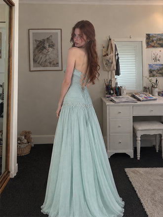 Elegant Blue Chiffon Off the Shoulder A-line Long Prom Dress, Evening Dress, PD3823009