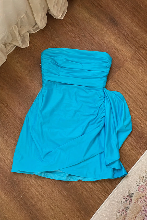 Elegant Blue Strapless Ruched Short Homecoming Dress, PD382265