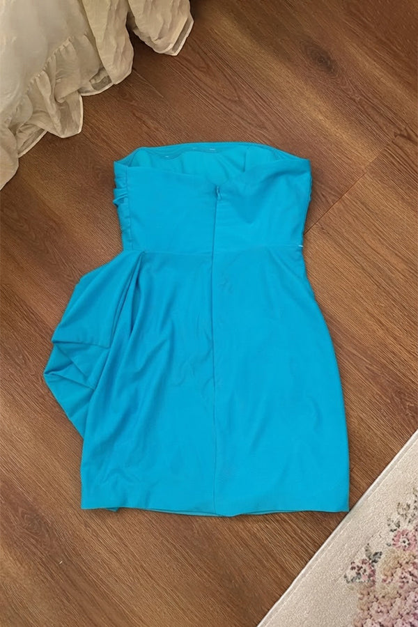 Elegant Blue Strapless Ruched Short Homecoming Dress, PD382265
