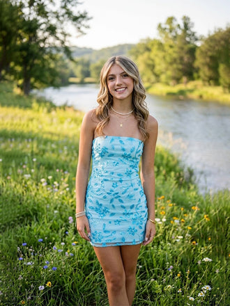 Sparkly Blue Floral Beaded Short Homecoming Dress, HC382311