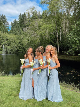 Elegant Blue Jacquard A-line Long Bridesmaid Dress, PD2823069