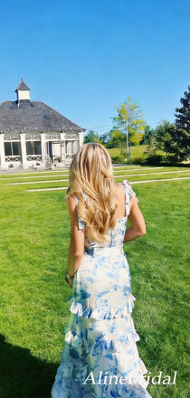 Elegant Blue Floral Printed Ruffles Tiered A-line Prom Dress with Slit, Evening Dress, PD3823027