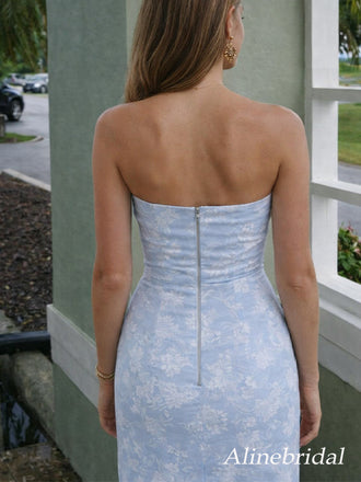 Light Blue Strapless Floral Jacquard Prom Dress with High Slit, PD3823050