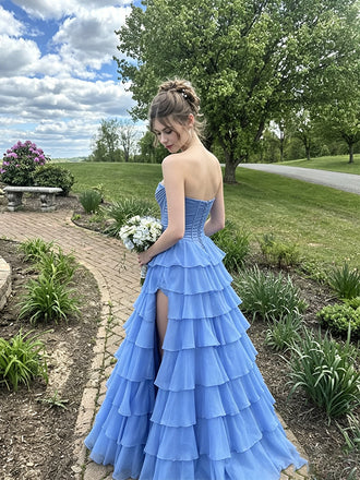 Gorgeous Blue Chiffon Strapless A-line Ruffled Tiered Prom Gown, Evening Dress, PD28231214