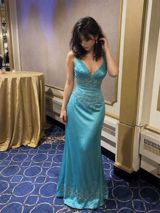 Vintage Blue Sequin V-Neck Mermaid Prom Dress, Evening Dress, PD28231300