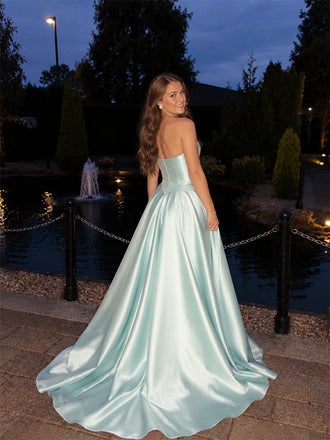 Elegant Blue Satin Strapless A-Line Evening Dress, Prom Dress, PD28231272