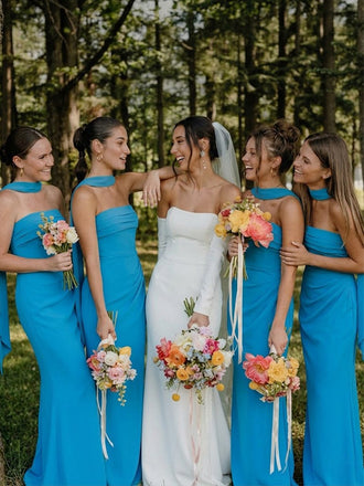 Elegant Blue Strapless Pleated Long Bridesmaid Dress, Maids of Honor Dress, PD2823081