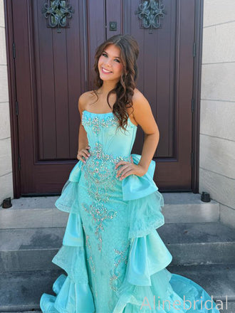 Gorgeous Blue Strapless Beaded Ruffled Tiered Prom Ball Gown, Evening Dress, PD3823009
