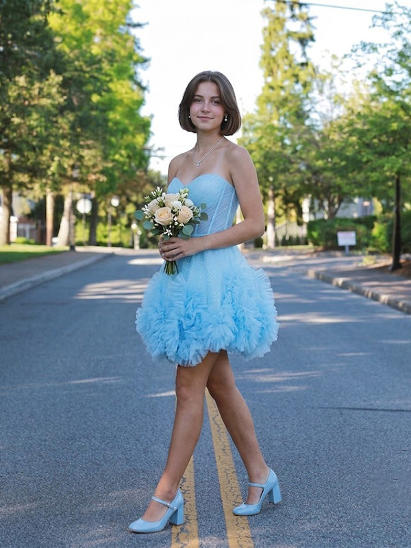 Elegant Blue Straapless A-ine Ruffled Tiered Tulle Homecoming Dress, HC382304
