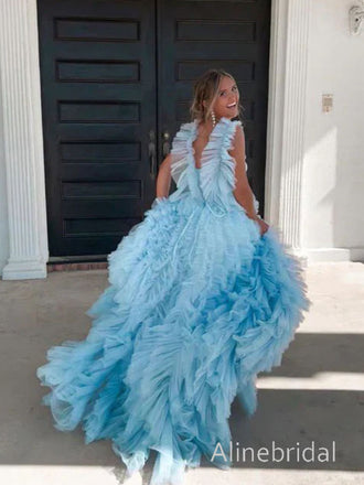 Elegant Blue Sweetheart Ruffled Tiered Tulle Prom Ball Gown, Evening Dress, PD3822992