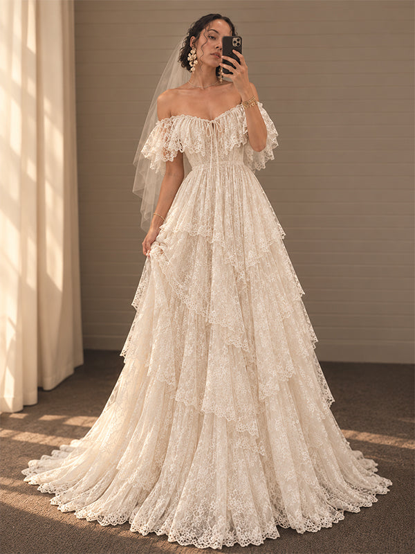 Elegant Off Shoulder A-line Lace Tiered  Boho Wedding Dress, WD32240